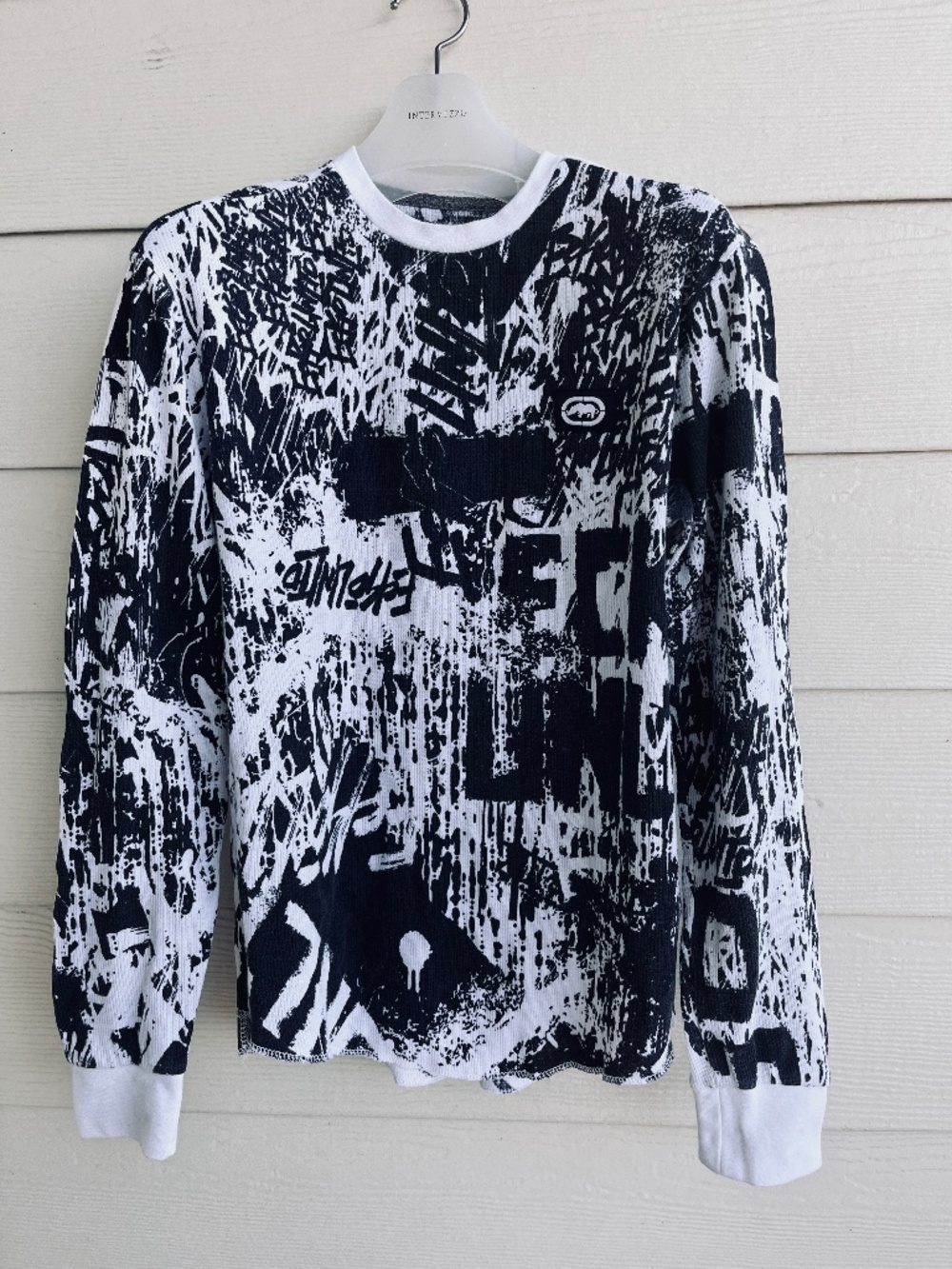 VTG Ecko Unltd Thermal Long Sleeve Shirt Men's M White Black Graffiti Y2K Waffle